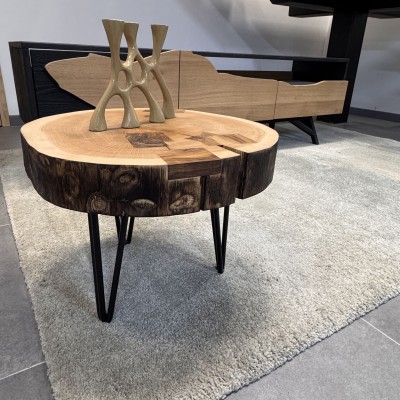 Bout de canapé en chêne massif Brût avec pieds acier